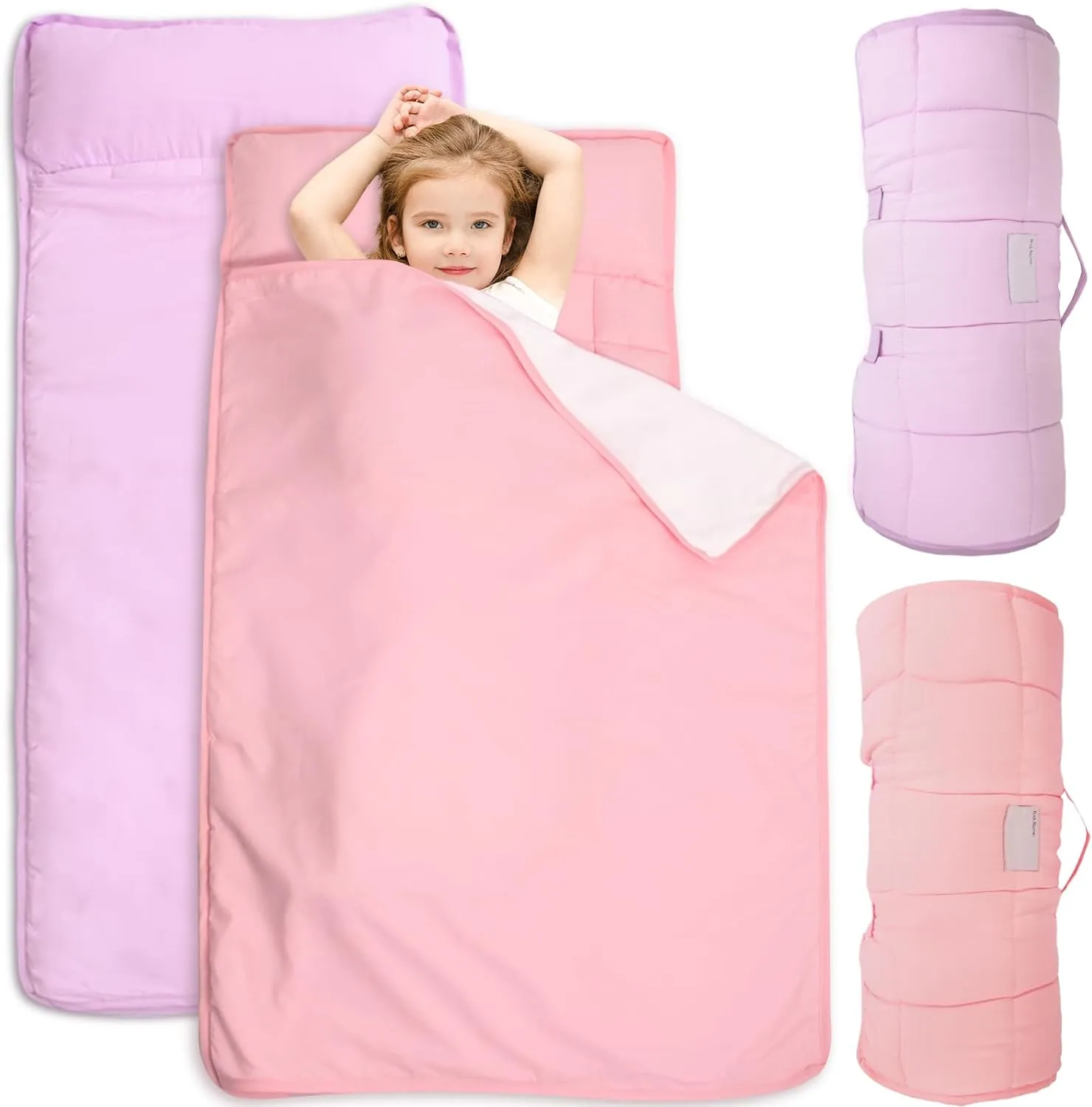 2 Pack Nap Mat with Pillow and Blanket for Toddlers, Nap Mats for Preschool Daycare, Quilted Kids Sleeping Bag for Girls Toddler Nap Mat, Durable & Machine Washable (Improved Thickness)