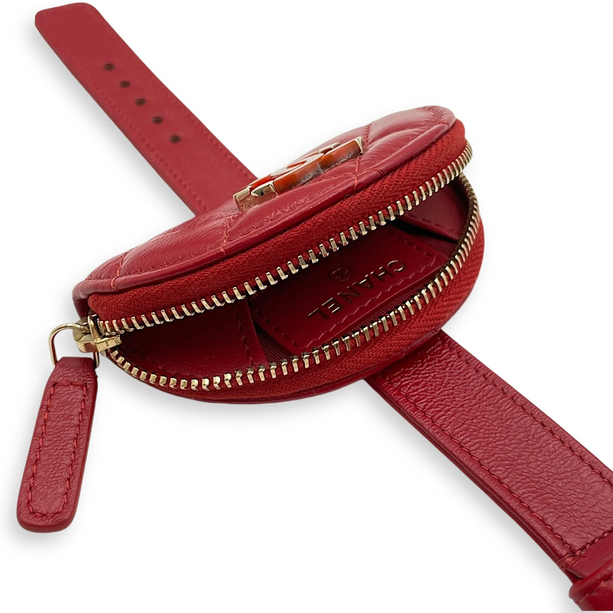 20S Wristlet Zipped Coin Purse 8.5x5x1.5cm/ Strap Length 24cm Red Coin Purse in Shiny lambskin, Gold hardware