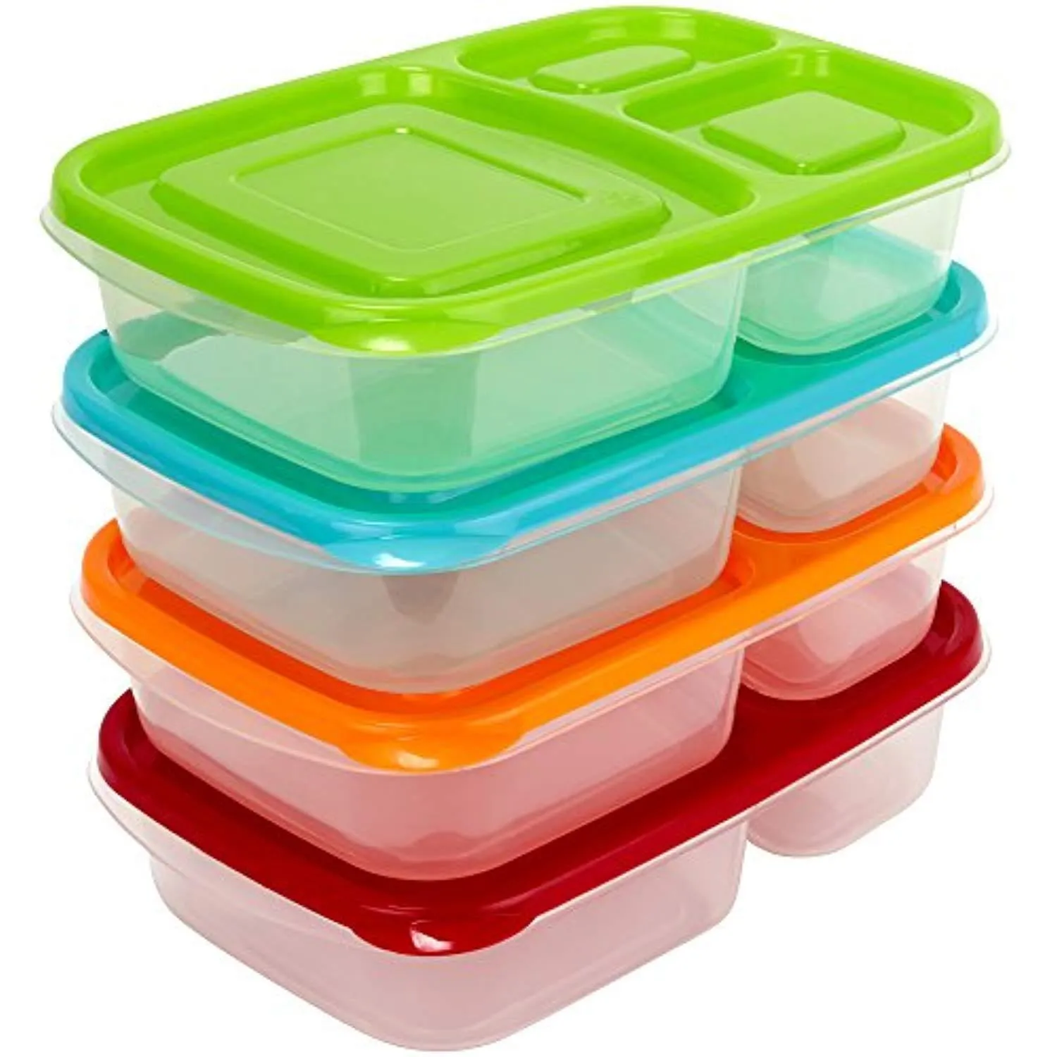 3 Compartment Containers - Reusable Bento Lunch box & Divided Food Storage (4 Pack) With Multi Colored Lids - Sunsella Buddy Box (Not Leakproof)