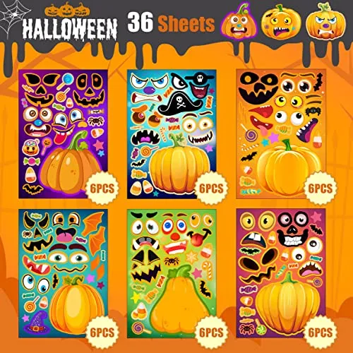 36 Sheets Halloween Make A Pumpkin Stickers, Pumpkin Face Stickers, Halloween Pumpkin Craft Stickers for Kids Toddlers Halloween Party Favors Treats Party Games Goody Bag Filler