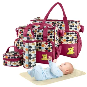 5PCS Baby Nappy Diaper Bags Set Mummy Diaper Shoulder Bags w/ Nappy Changing Pad Insulated Pockets Travel Tote Bags For Mom Dad - Red