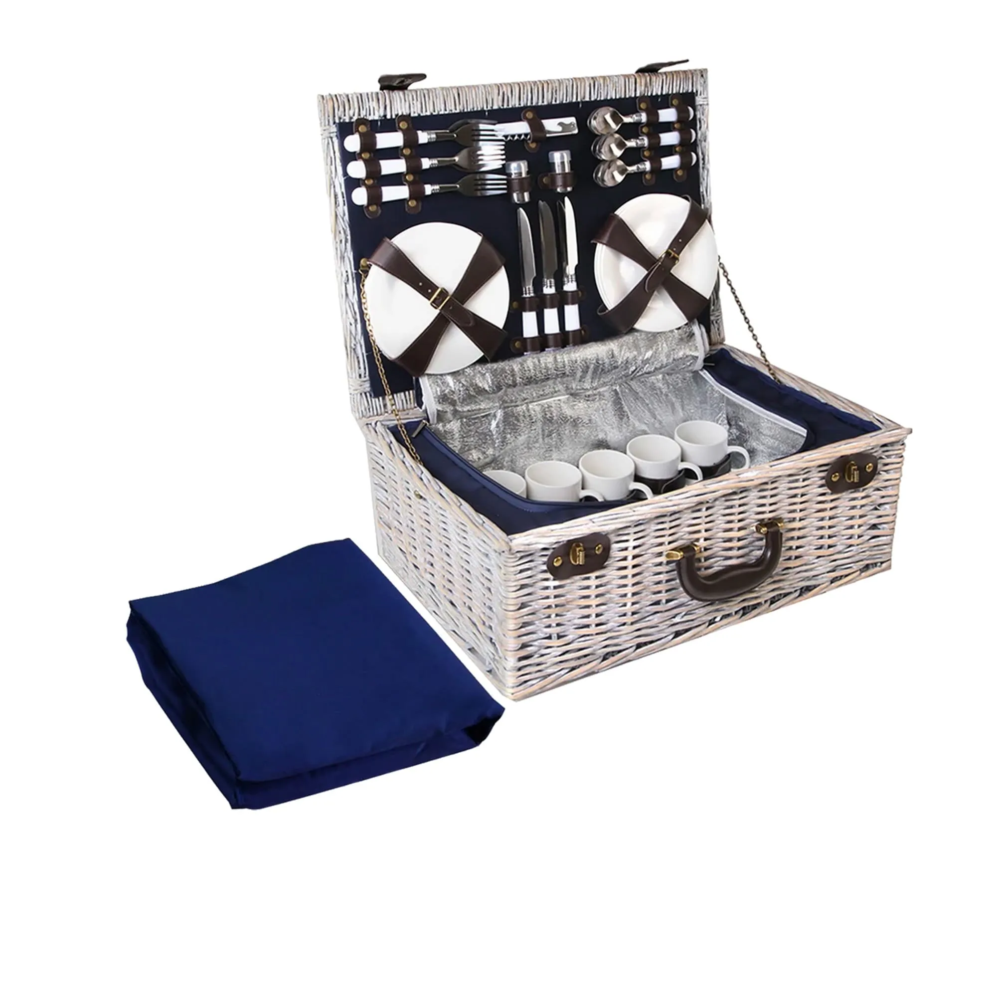 Alfresco 6 Person Insulated Picnic Basket with Navy Blue Blanket