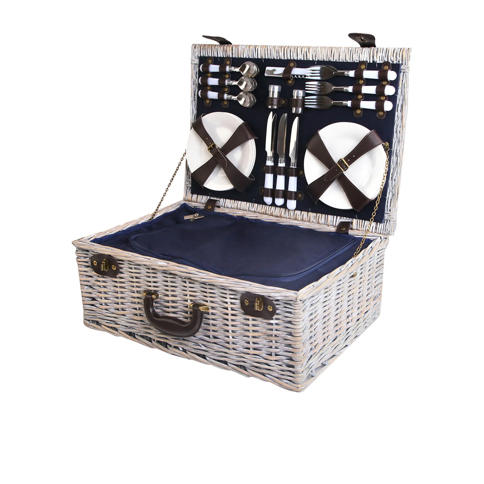 Alfresco 6 Person Insulated Picnic Basket with Navy Blue Blanket