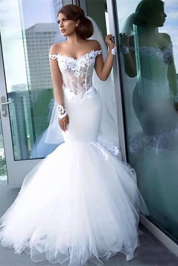 Anneprom Mermaid Off the Shoulder Sheer Long Sleeve Wedding Dresses Sexy Bride Gowns APW0265