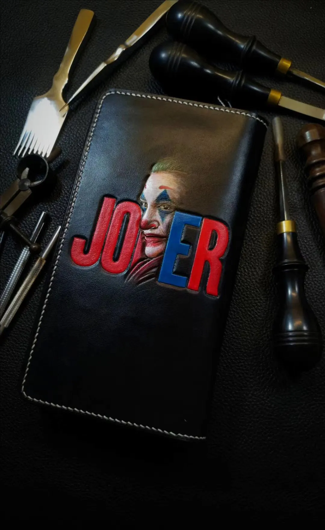 Badass Black Leather Men's Joker Long Biker Wallet Handmade Tooled Zipper Long Wallets For Men