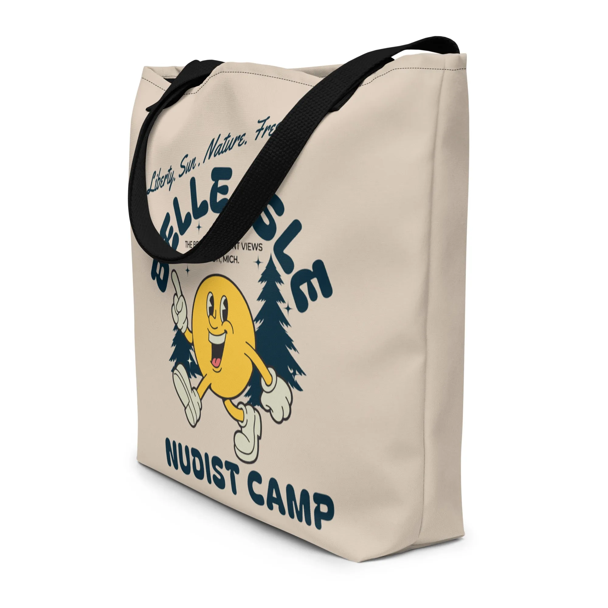 Belle isle Nudist Camp All-Over Print Large Tote Bag - 16" X 20" - Soft Cream