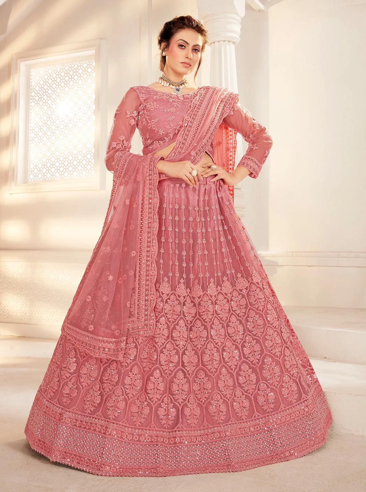 Bridal Coral Peach Stunning Embroidered Lehenga Choli