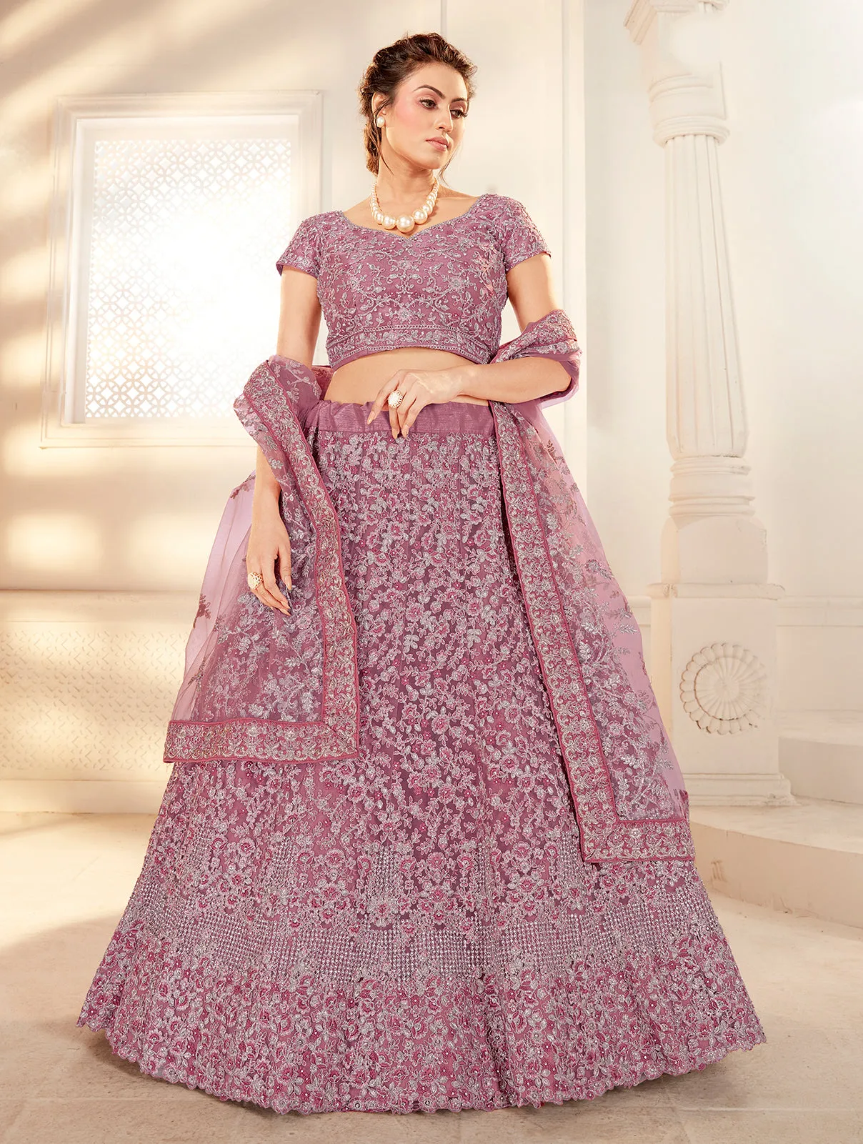 Bridal Mauve Pink Stunning Embroidered Lehenga Choli