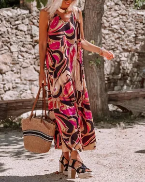 Casual Sleeveless Bohemian Print V-Neck Dress