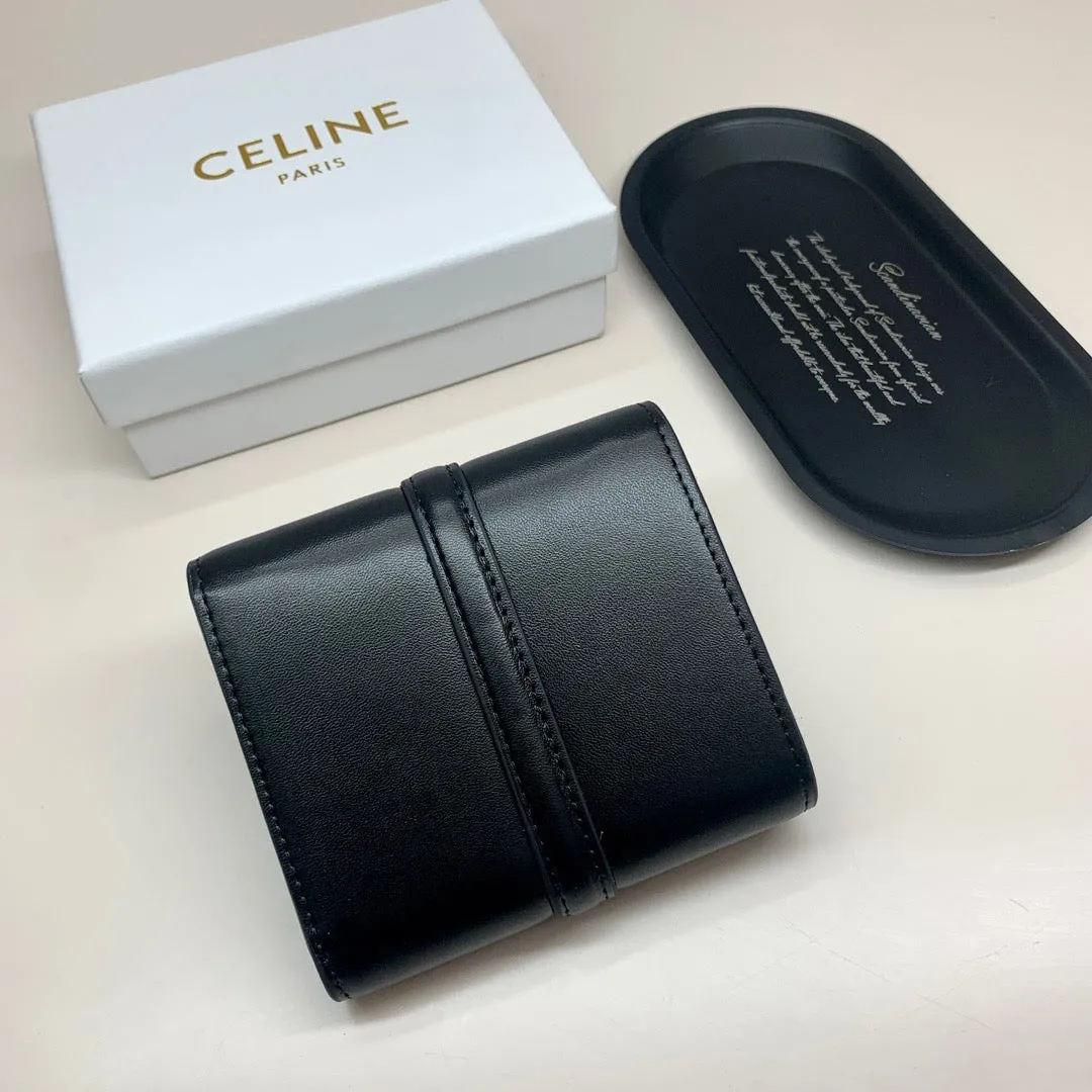 CL129  Small Trifold Wallet 16 in Shiny Calfskin Black / 4 x 4 x 2 IN