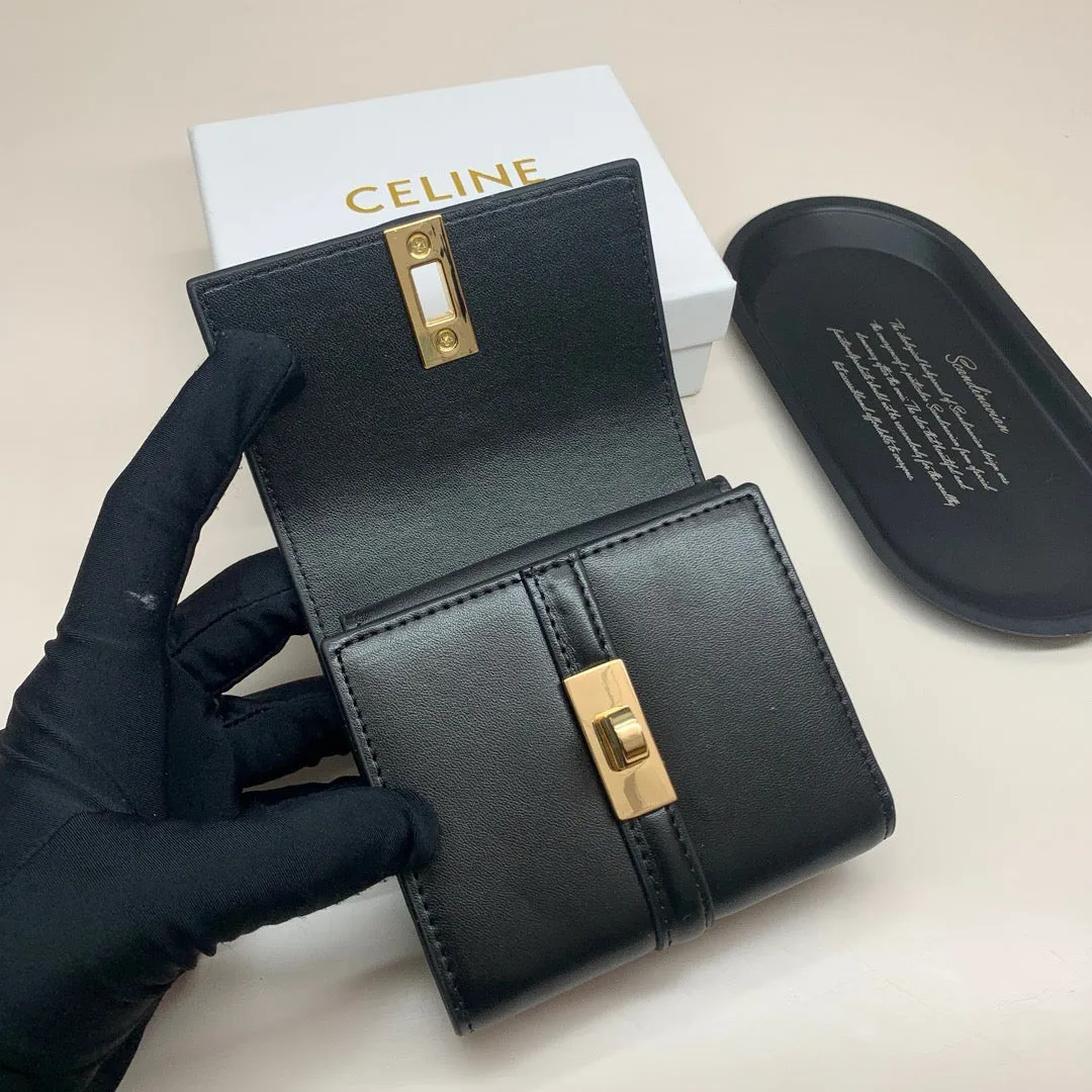 CL129  Small Trifold Wallet 16 in Shiny Calfskin Black / 4 x 4 x 2 IN