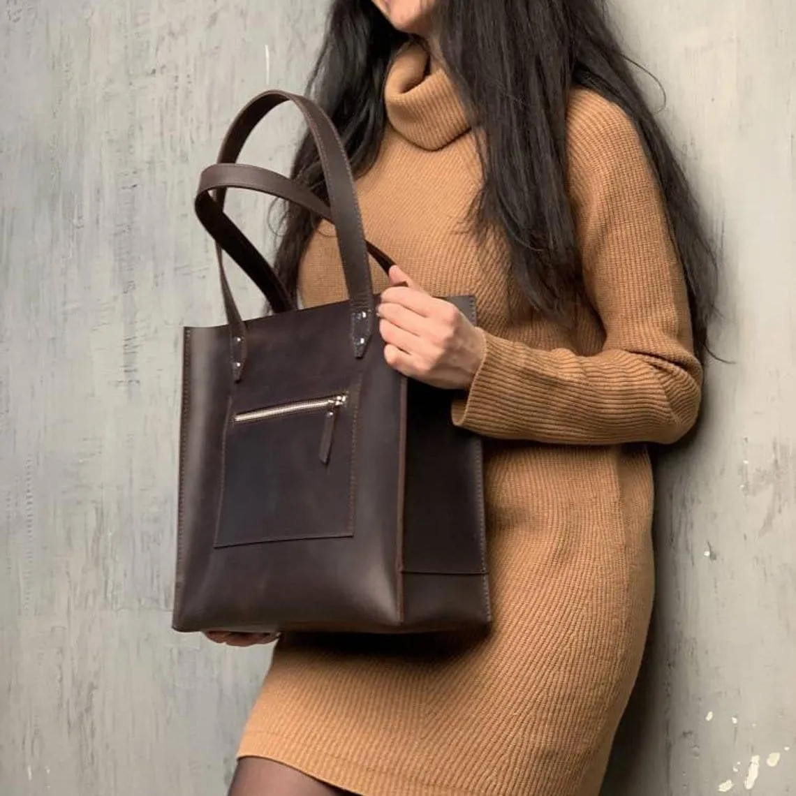 Dark Brown Leather Tote Bag