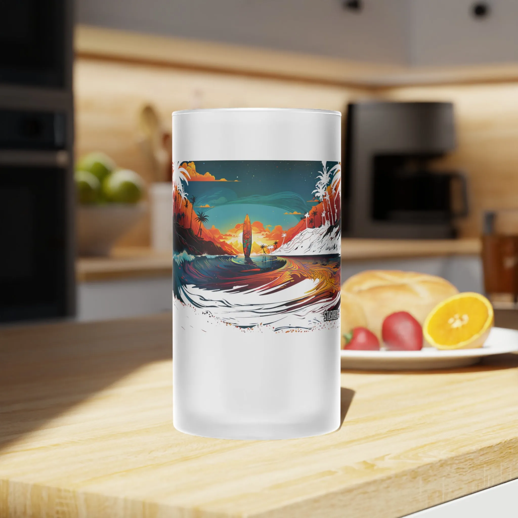 Frosted Glass Beer Mug Stunning Sunset Surfboard Art 001