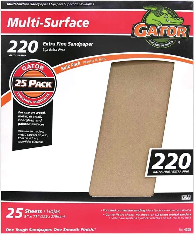 Gator 3260 Sanding Sheet, 11 in L, 9 in W, 220 Grit, Extra Fine, Aluminum Oxide Abrasive :EA: QUANTITY: 25