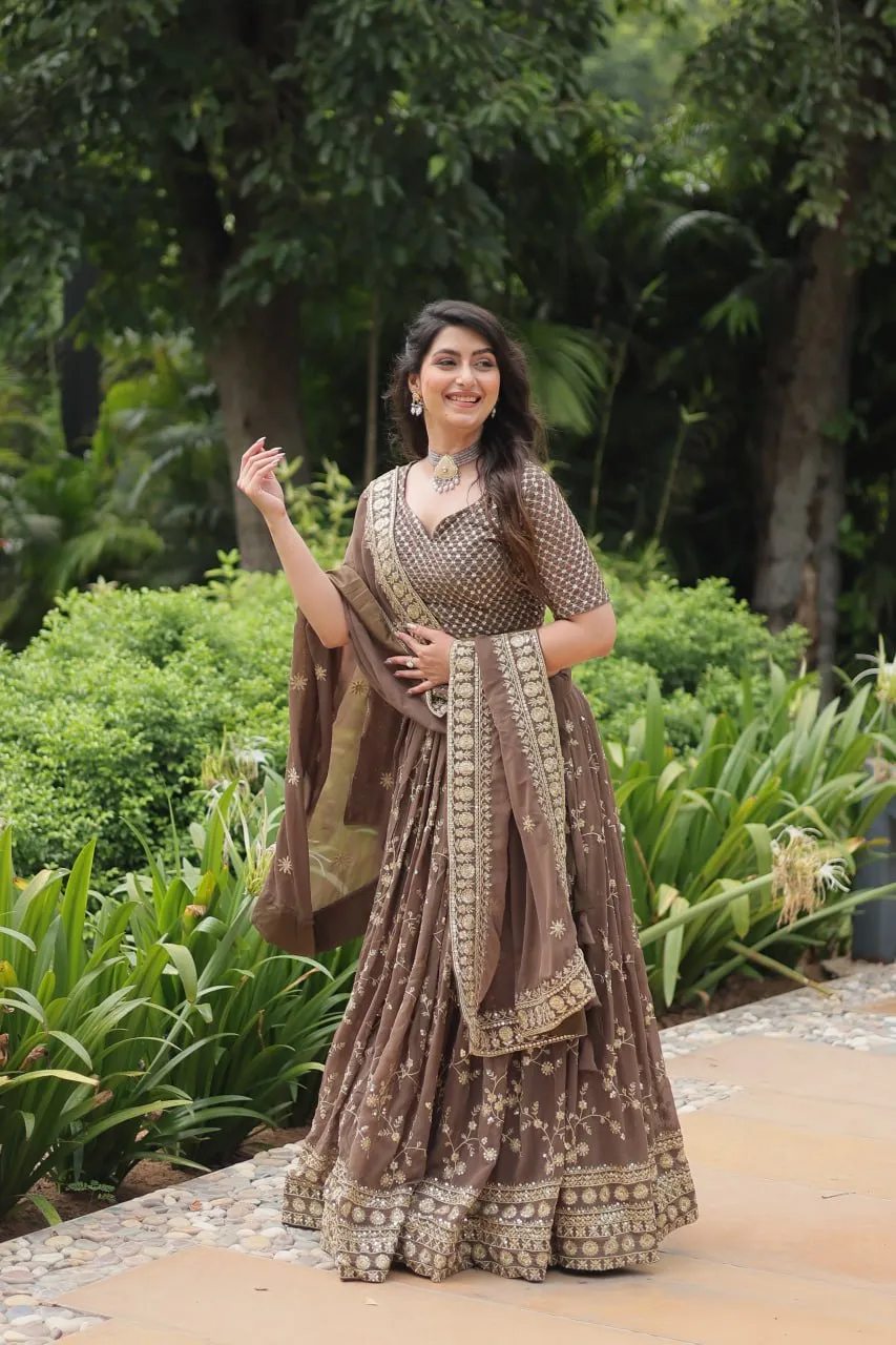 Gorgeous Brown Heavy Embroidered Georgette Lehenga Choli