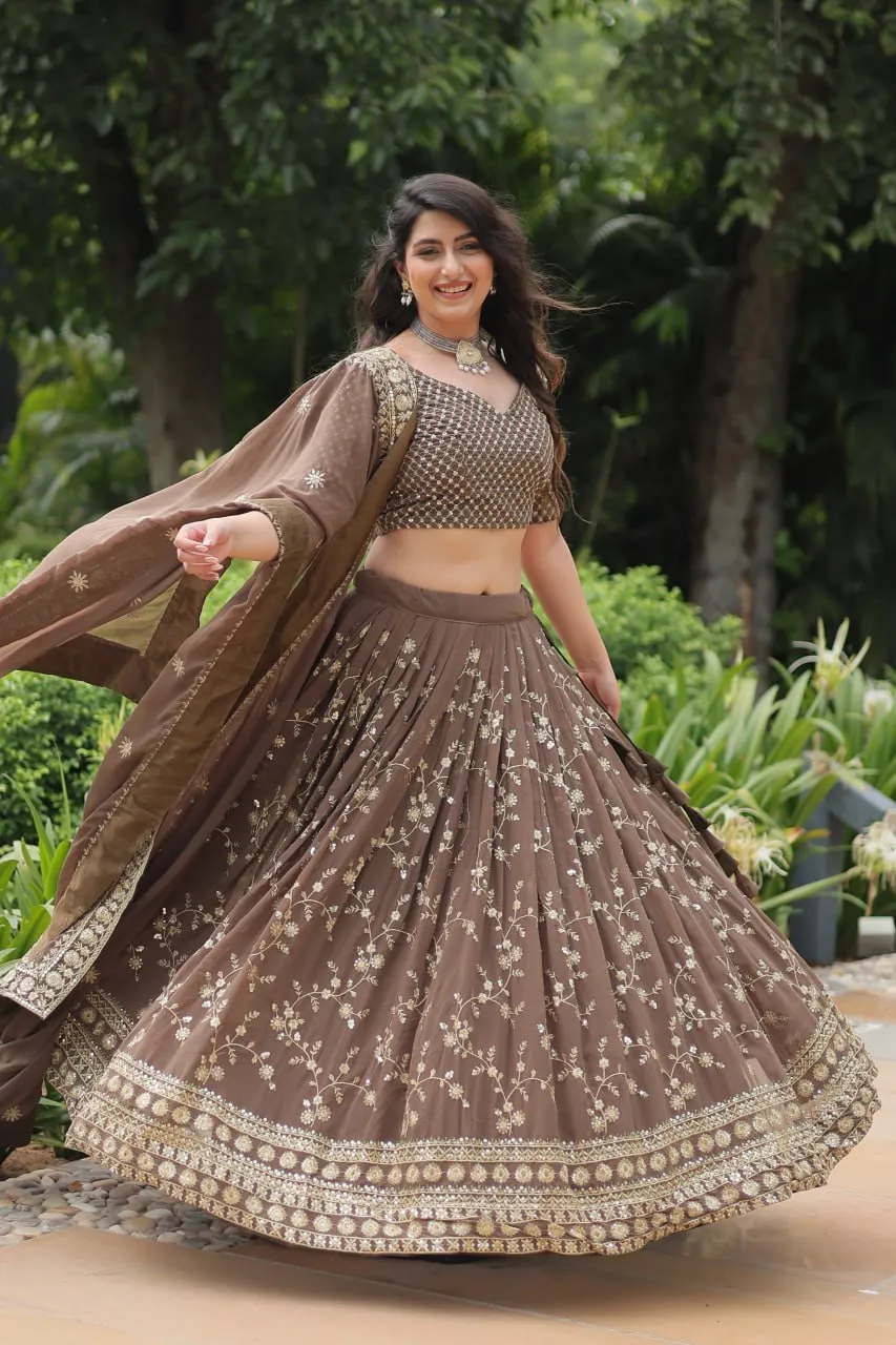 Gorgeous Brown Heavy Embroidered Georgette Lehenga Choli