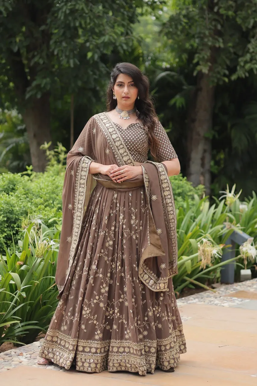 Gorgeous Brown Heavy Embroidered Georgette Lehenga Choli