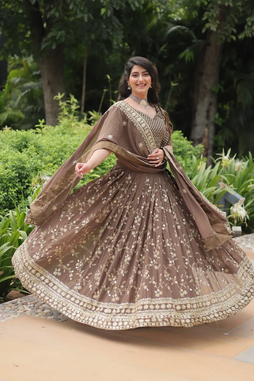 Gorgeous Brown Heavy Embroidered Georgette Lehenga Choli