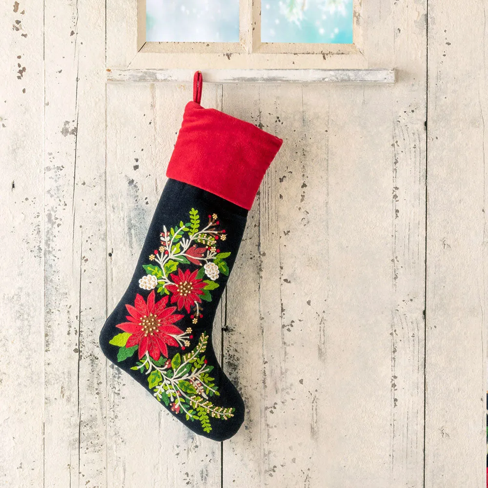 Gorgeous Embroidered Poinsettia Stocking