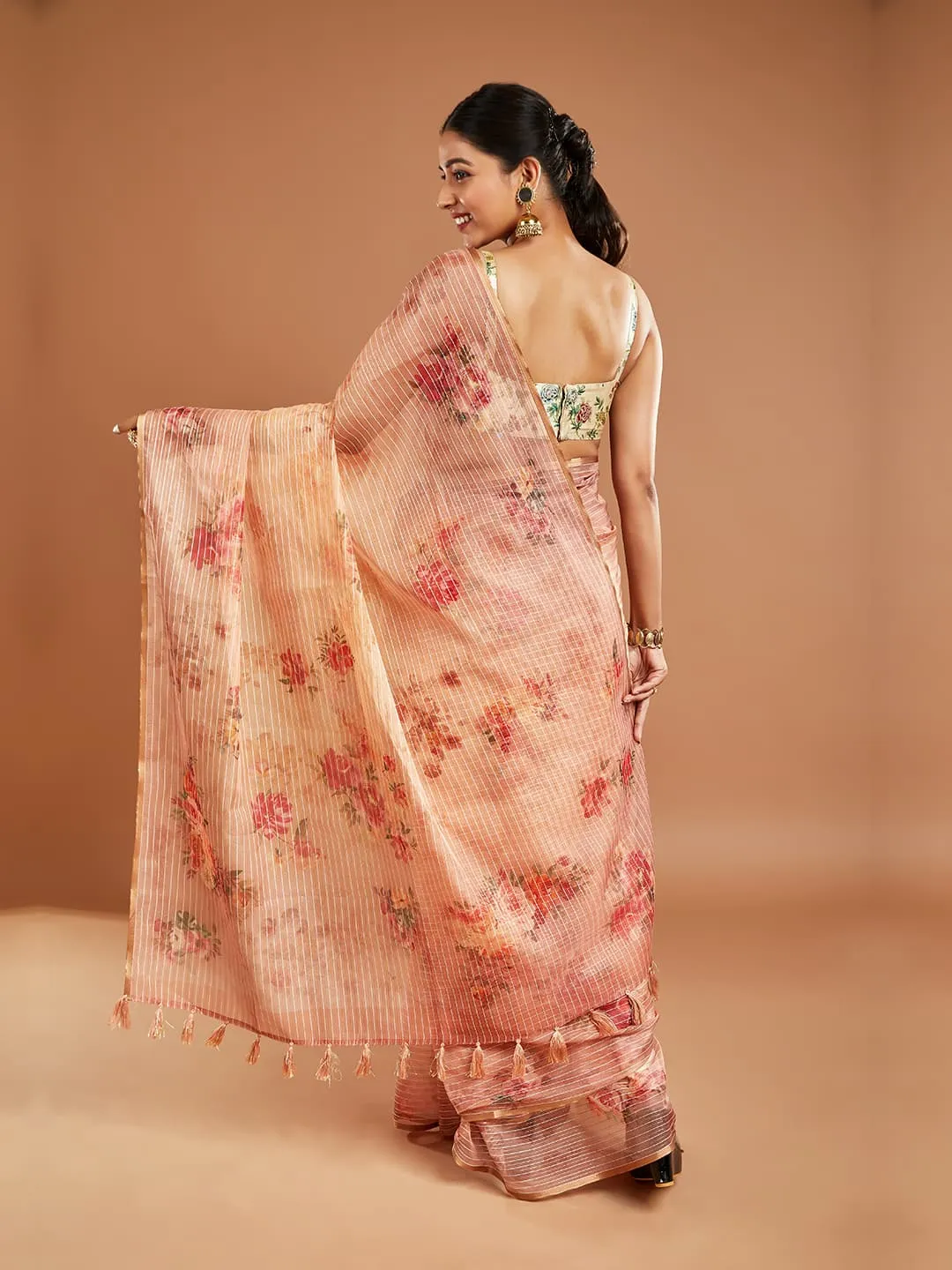 Gorgeous Floral Print Peach Tissue Saree