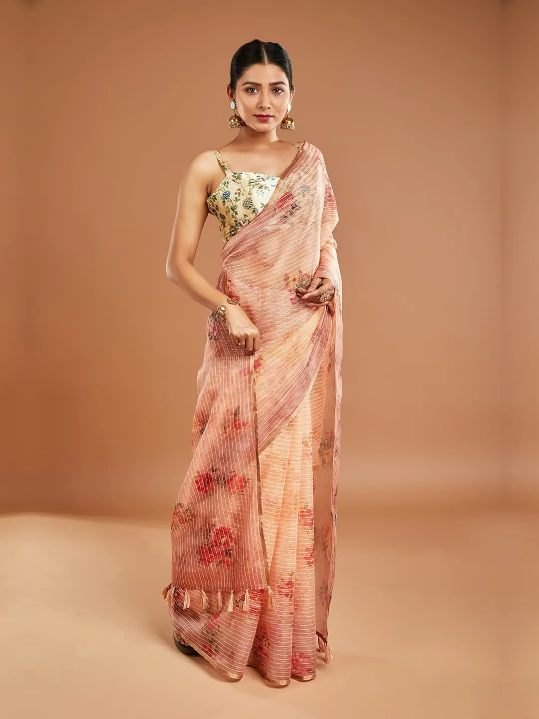 Gorgeous Floral Print Peach Tissue Saree