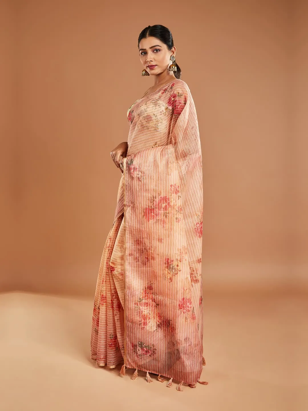 Gorgeous Floral Print Peach Tissue Saree