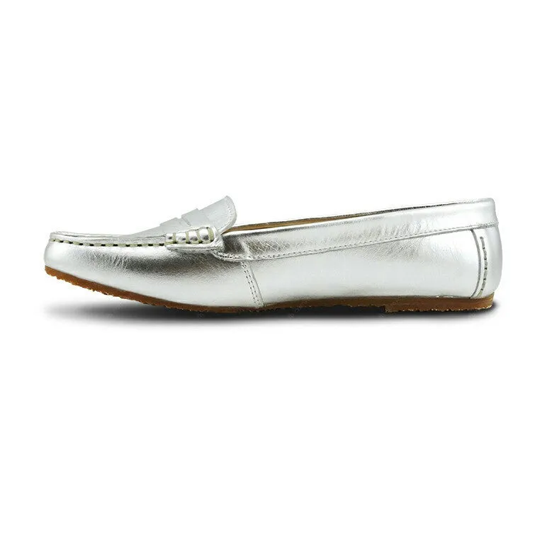 Gorgeous Girl Leather Moccasin Liquid Silver