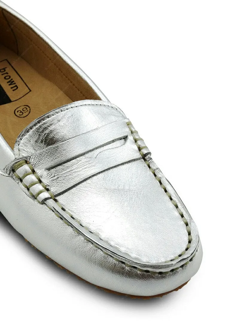 Gorgeous Girl Leather Moccasin Liquid Silver