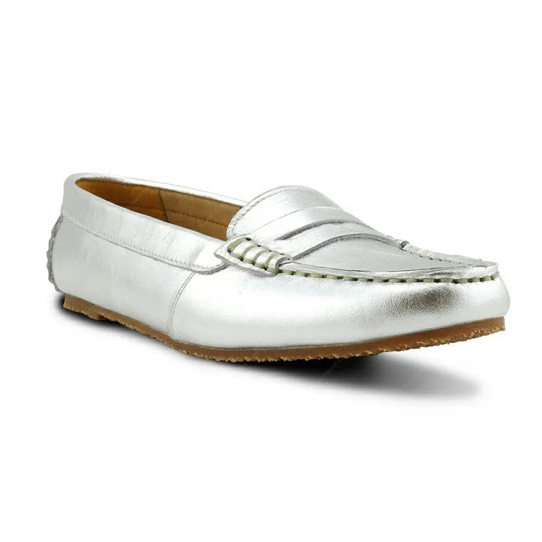 Gorgeous Girl Leather Moccasin Liquid Silver