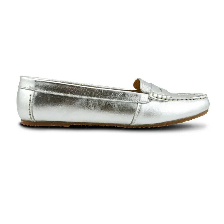 Gorgeous Girl Leather Moccasin Liquid Silver