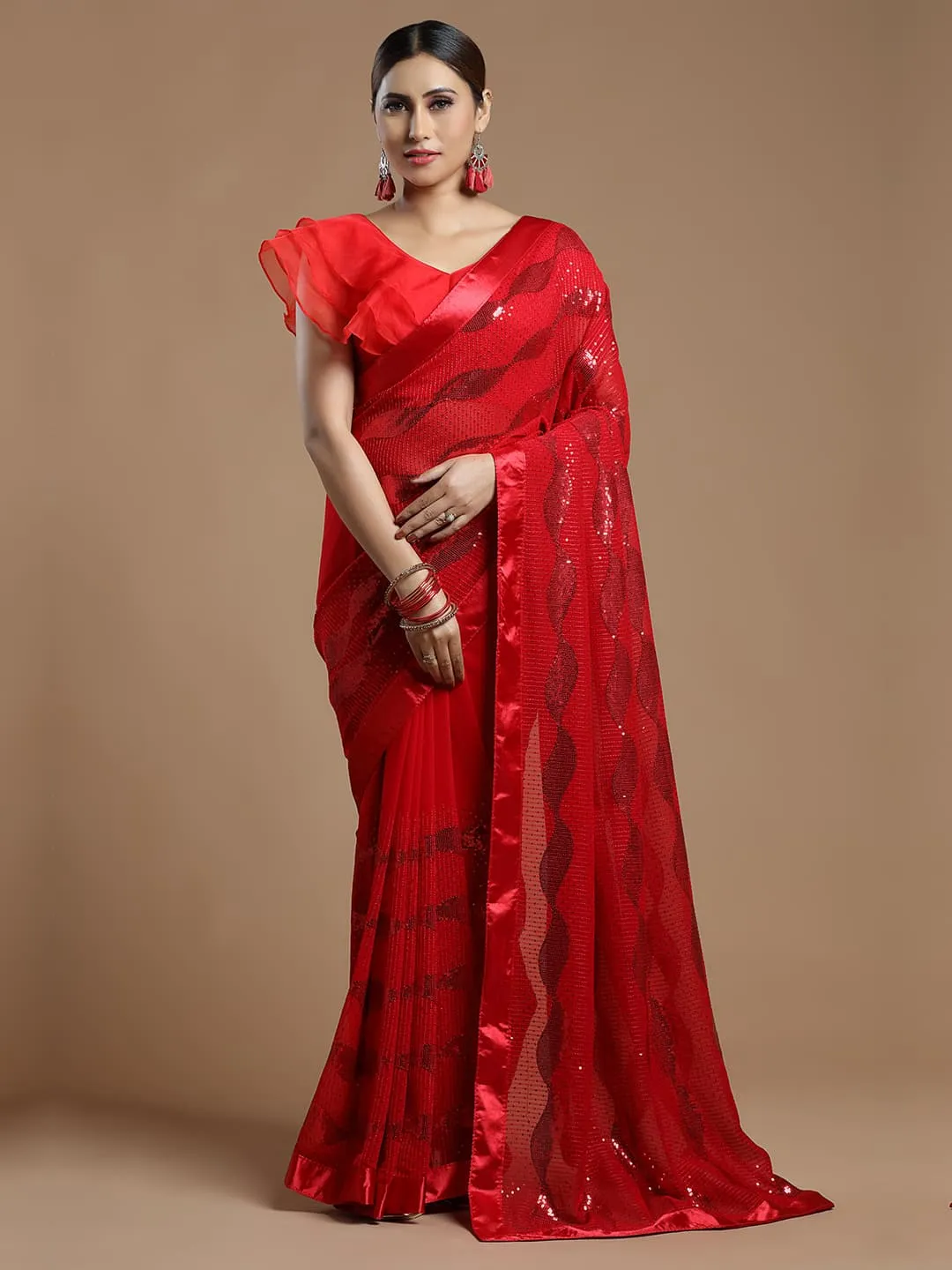 Gorgeous Red Wavy Georgette Saree With Sequins