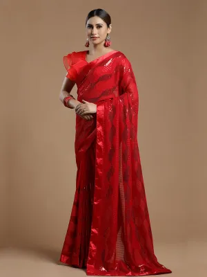 Gorgeous Red Wavy Georgette Saree With Sequins