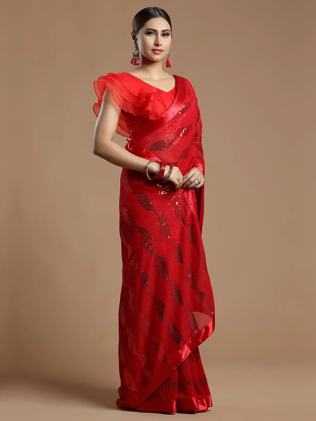 Gorgeous Red Wavy Georgette Saree With Sequins