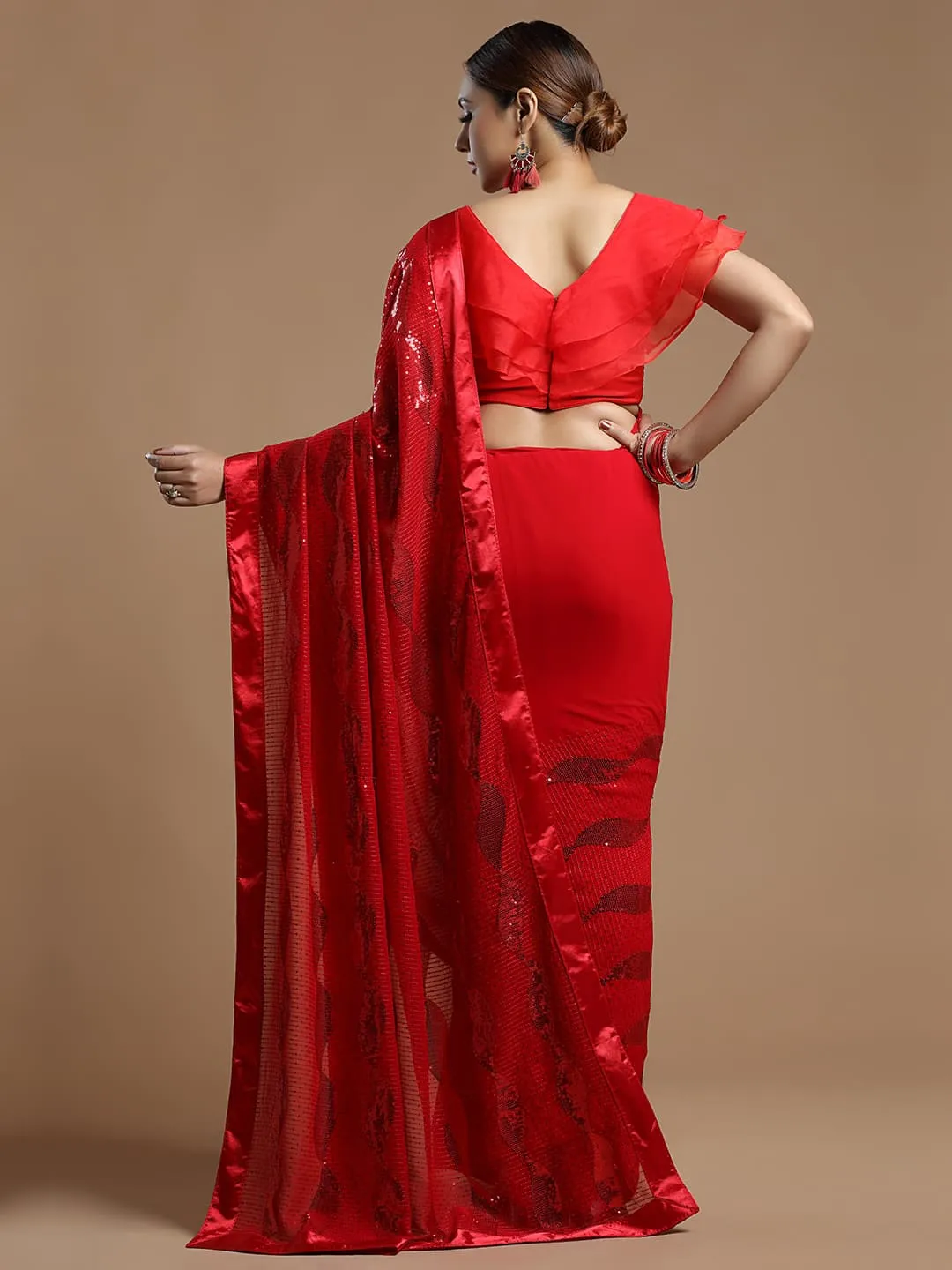 Gorgeous Red Wavy Georgette Saree With Sequins