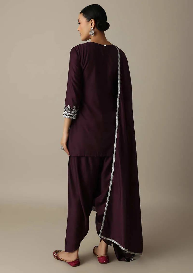 Gorgeous Wine Embroidered Silk Kurta Set