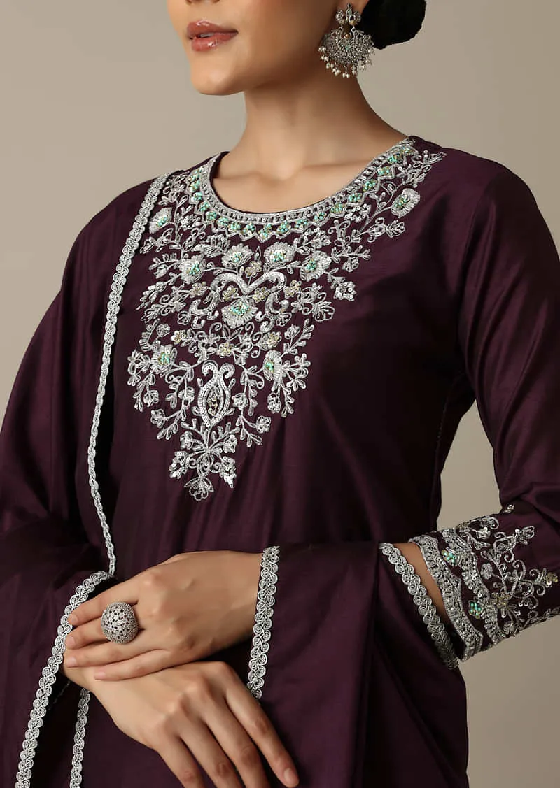 Gorgeous Wine Embroidered Silk Kurta Set