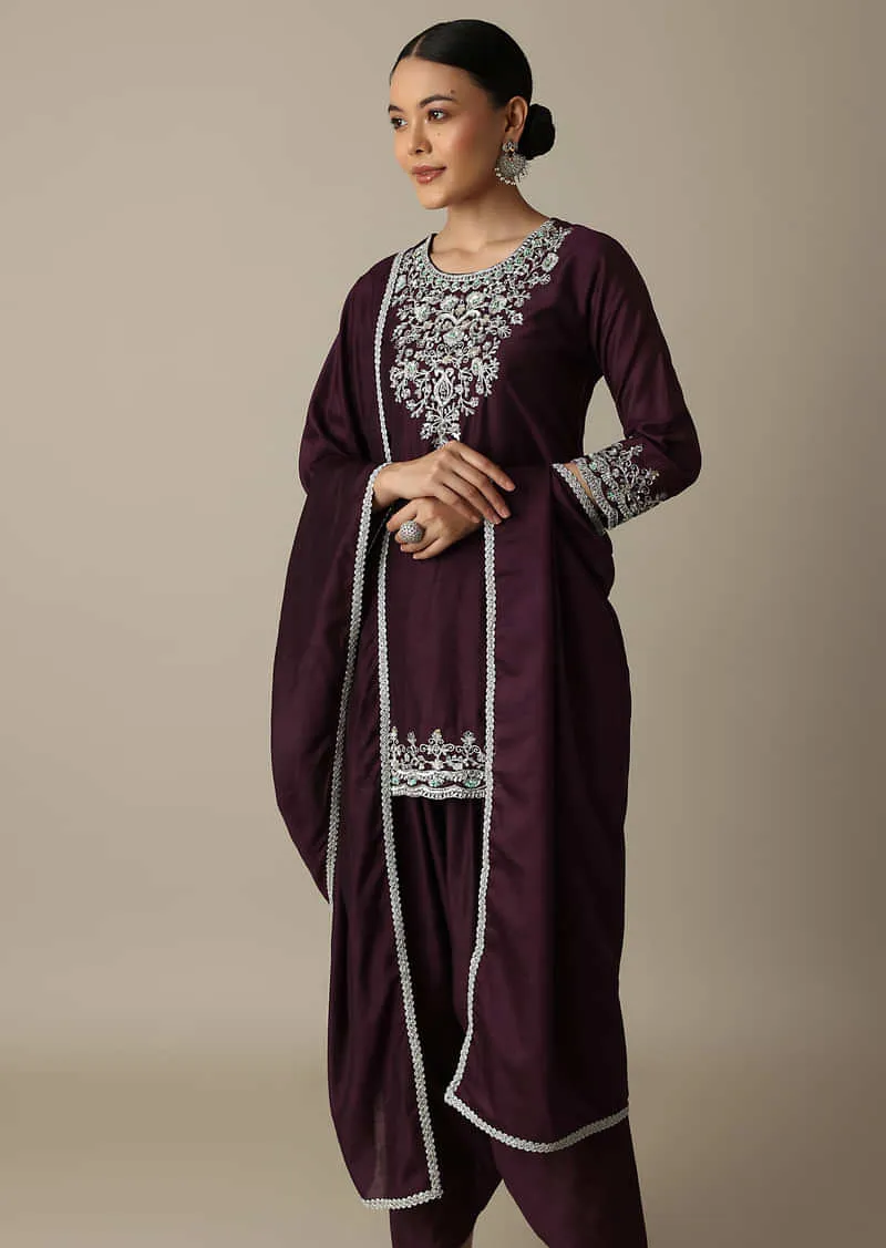 Gorgeous Wine Embroidered Silk Kurta Set