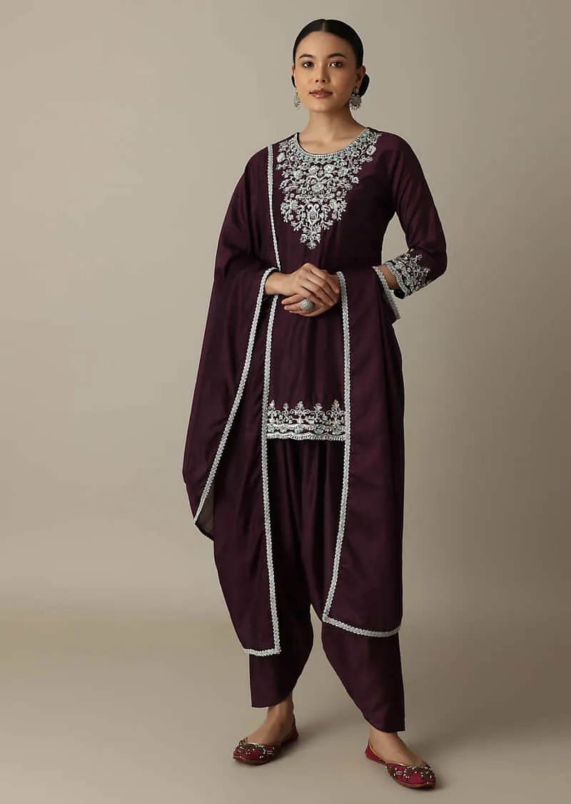 Gorgeous Wine Embroidered Silk Kurta Set