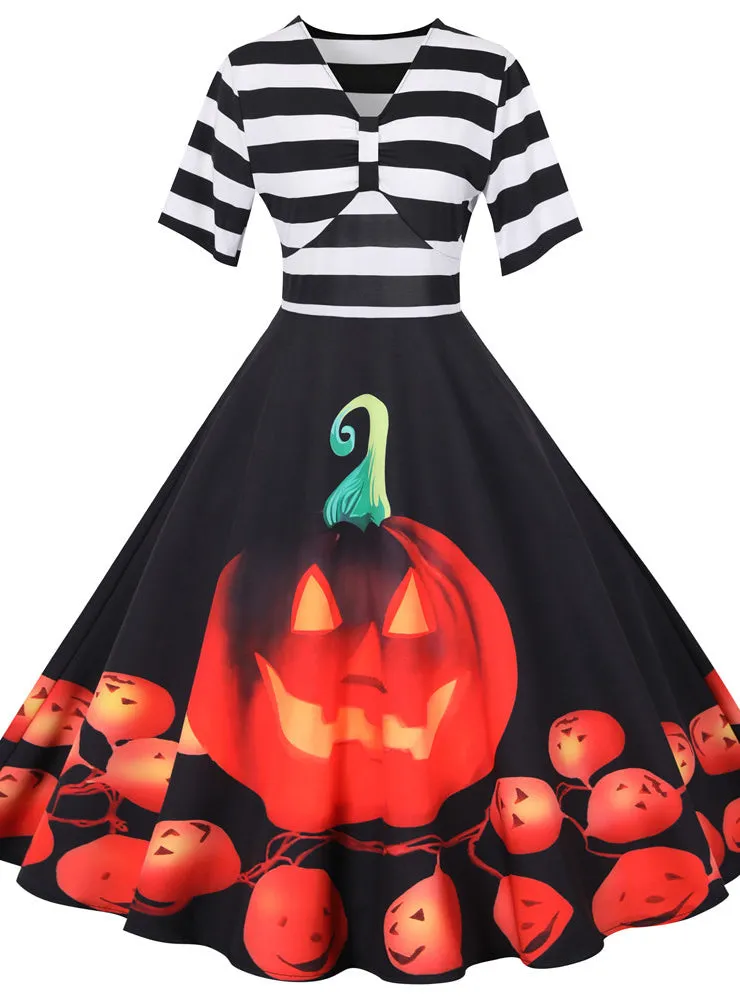 Halloween Striped V-neck Print Dress