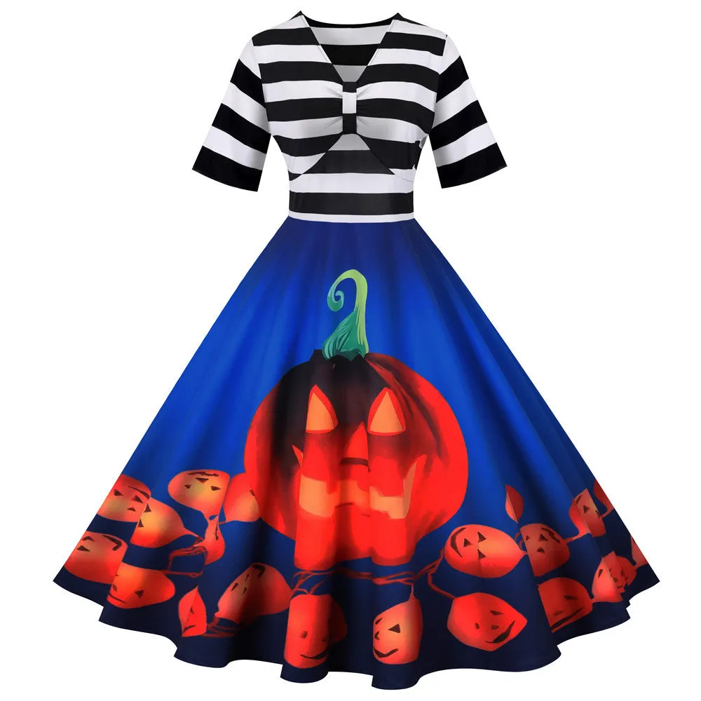 Halloween Striped V-neck Print Dress