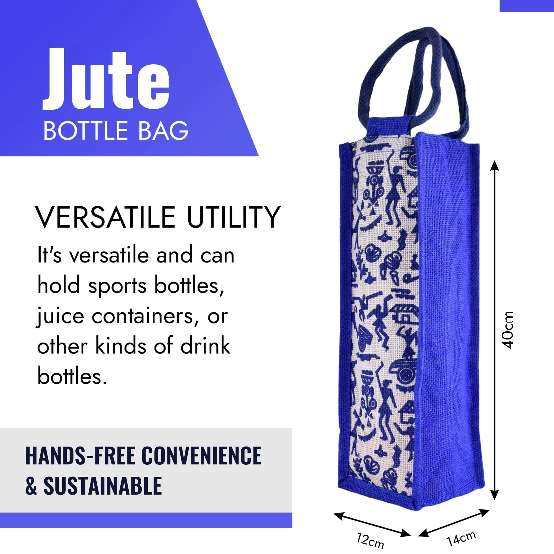 Heart Home Bottle Bag | Jute Carry Bag | Water Bottle Cover | Wine Bottle Bag | Reusable Bottle Bag with Handle | Bottle Bag for Office | Warli-Print Gift Bag | Blue