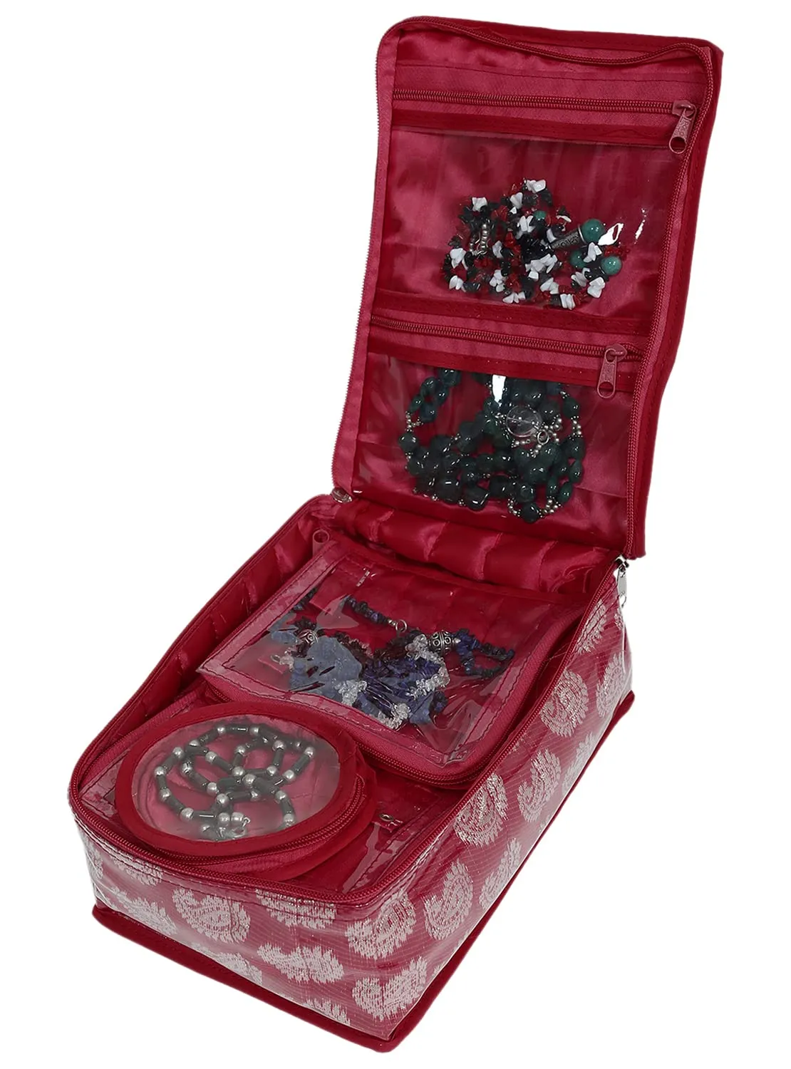 Heart Home Carry Design Laminated PVC Jewellry Organiser for Necklace: Earrings: Rings With 8 Transparent Pouches & 2 Internal Tranasparent Compartment (Maroon)-50HH01191