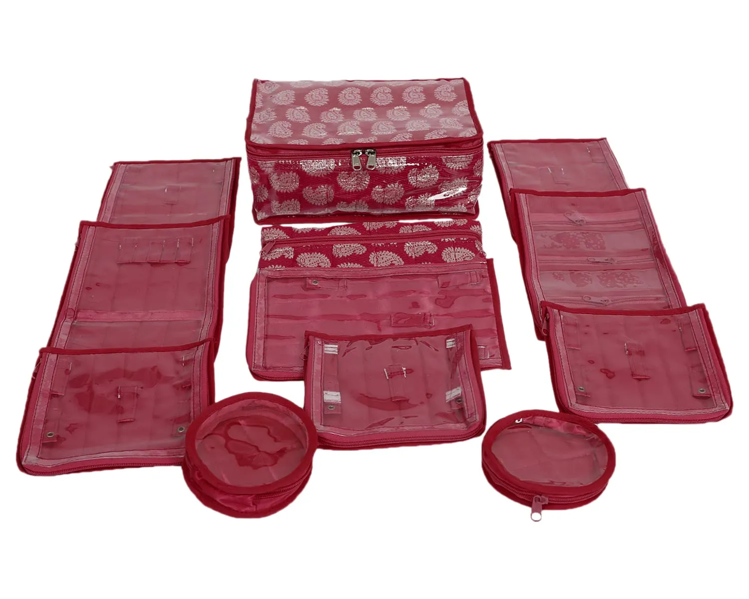 Heart Home Carry Design Laminated PVC Jewellry Organiser for Necklace: Earrings: Rings With 8 Transparent Pouches & 2 Internal Tranasparent Compartment (Maroon)-50HH01191