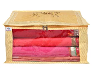 Heart Home Doli Printed Non-woven Foldable Saree Cover/Clothes Storage Bag/Wardrobe Organizer With Transparent Window (Gold) 54HH4173.