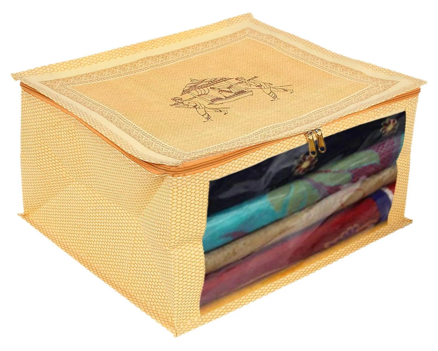 Heart Home Doli Printed Non-woven Foldable Saree Cover/Clothes Storage Bag/Wardrobe Organizer With Transparent Window (Gold) 54HH4173.