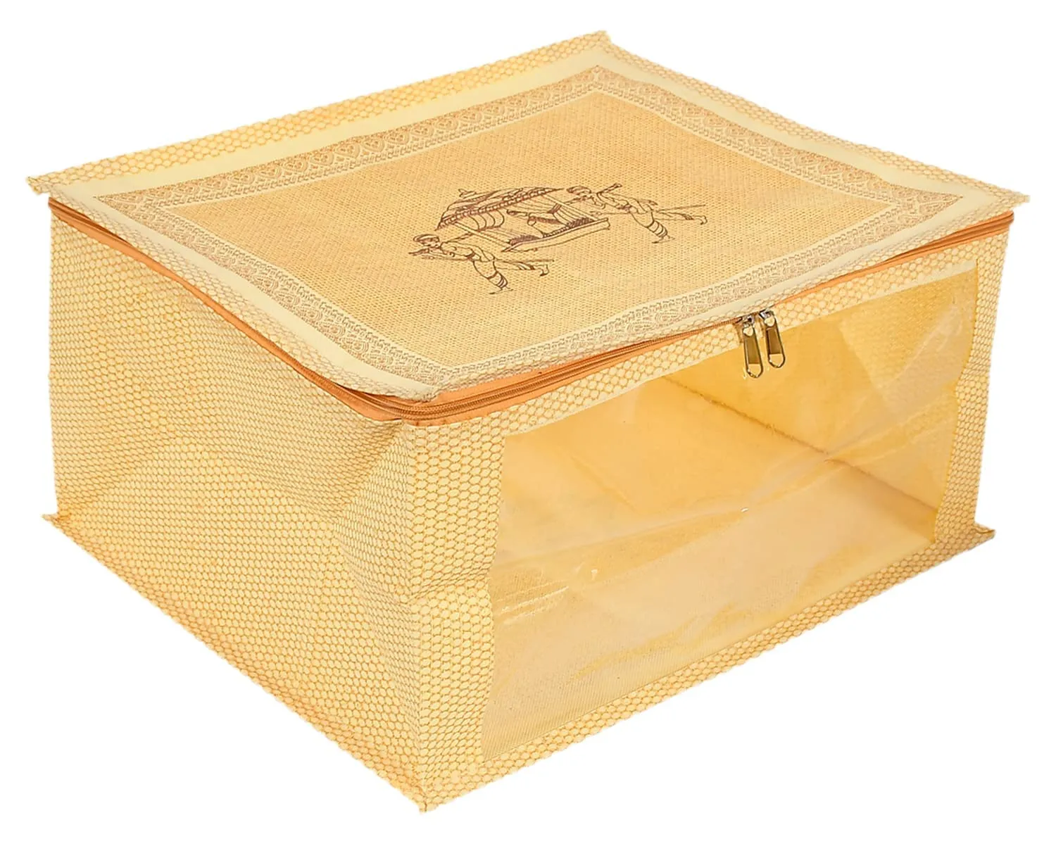 Heart Home Doli Printed Non-woven Foldable Saree Cover/Clothes Storage Bag/Wardrobe Organizer With Transparent Window (Gold) 54HH4173.