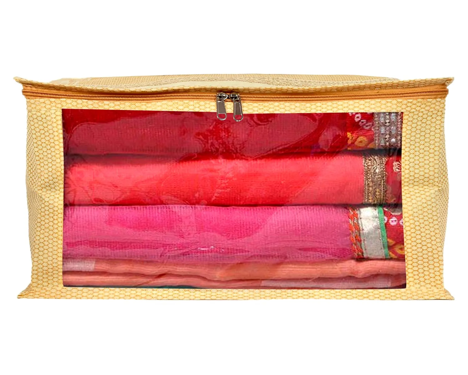 Heart Home Doli Printed Non-woven Foldable Saree Cover/Clothes Storage Bag/Wardrobe Organizer With Transparent Window (Gold) 54HH4173.