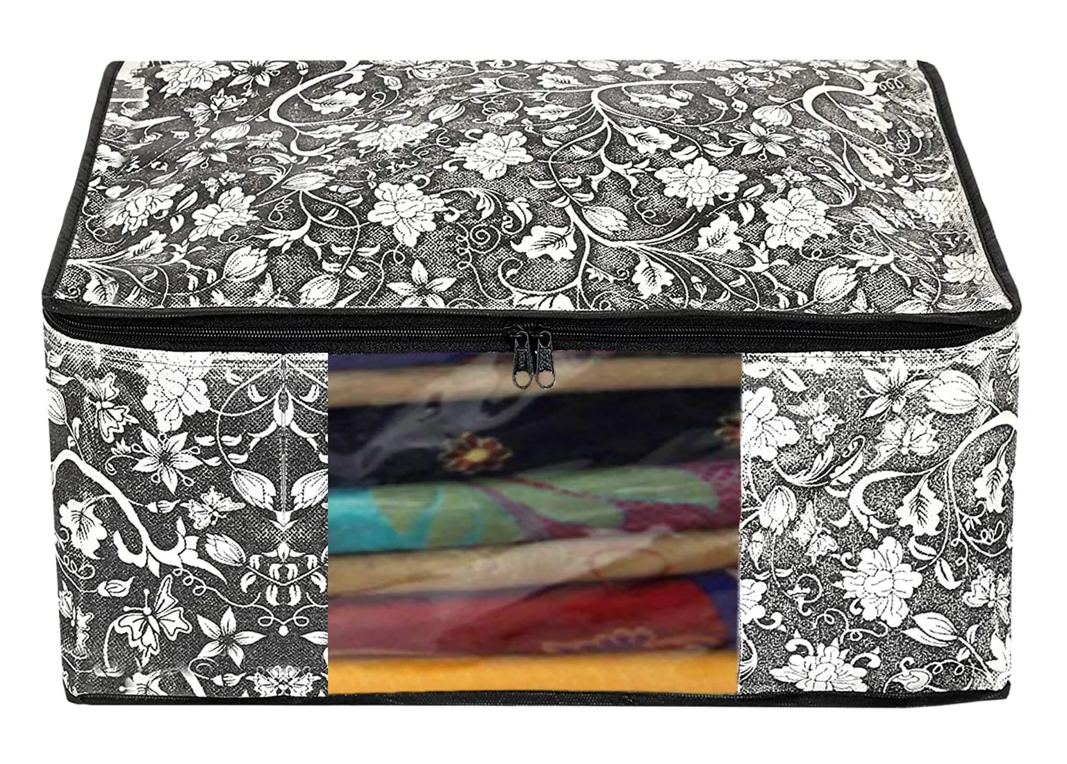 Heart Home Flower Design Non-woven Foldable Saree Cover/Clothes Storage Bag/Wardrobe Organizer With Transparent Window- Pack of 9 (Grey & Cream)-44HH0357