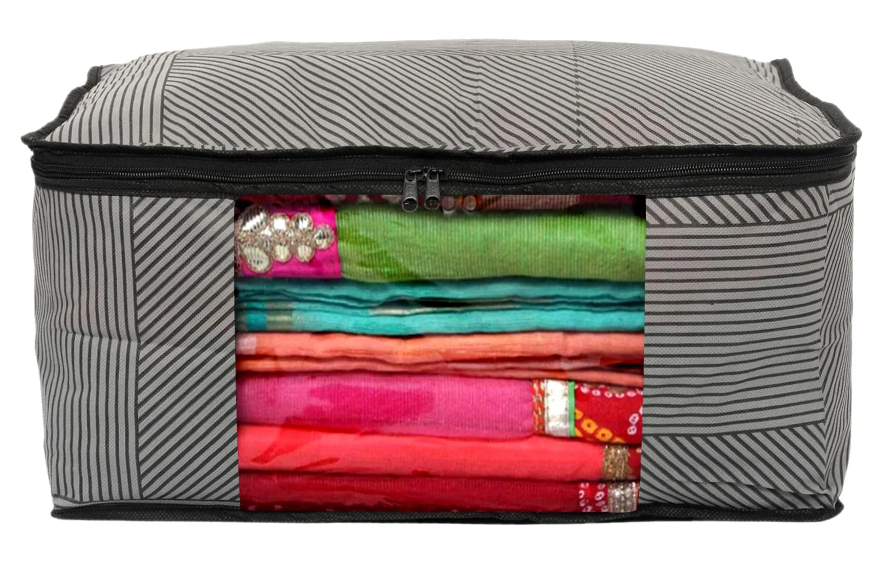 Heart Home Non-Woven Lining Print 3 Pieces Underbed Storage Bag & 3 Pieces Saree Cover With Transparent Window, Pack of 6 (Gray)