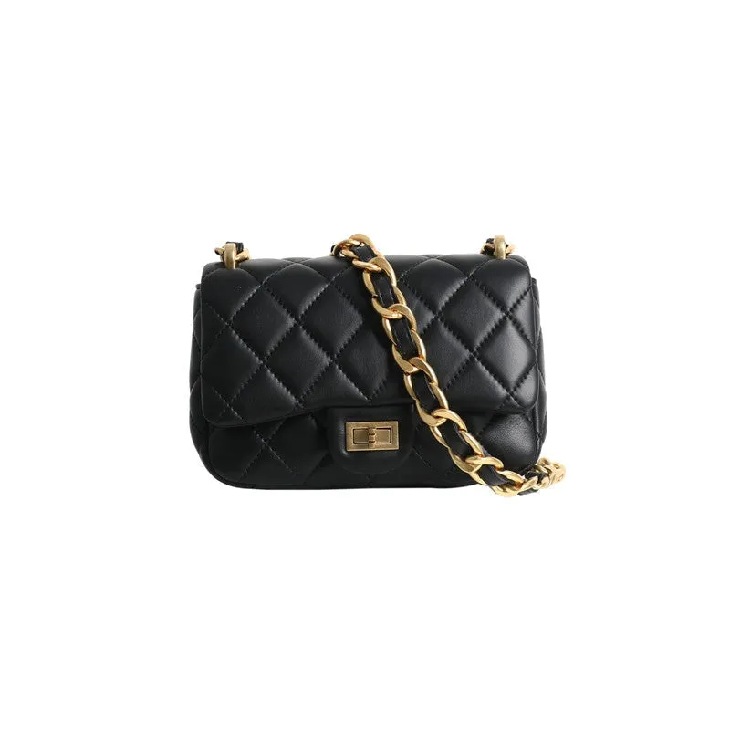 Leather Chunky Chain Flap Bag Quilted Lameskin Mini